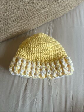 Yellow Crochet Baby Beanie Hat with White Trim